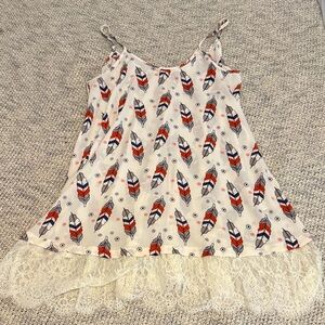 WonderlustLa Boutique Feather Print Lace Trim Tunic – Size S